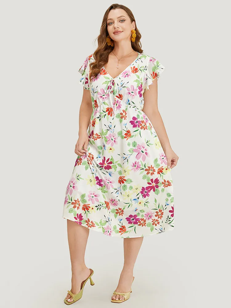 Floral Knot Neck Pocket Cap Sleeve Ruffle Trim Dress sold by Bloomchic product image thumbnail 2