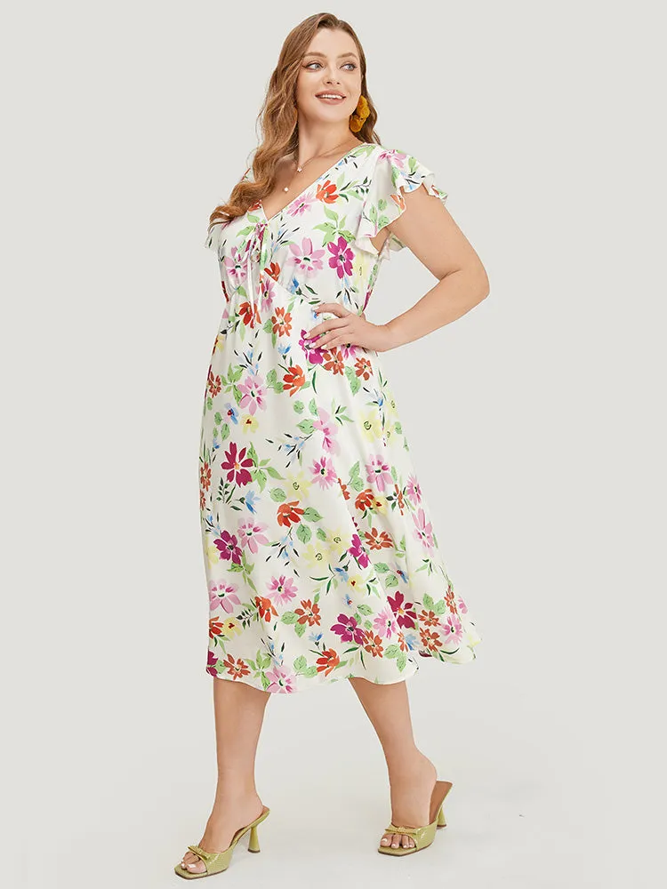 Floral Knot Neck Pocket Cap Sleeve Ruffle Trim Dress sold by Bloomchic product image thumbnail 3
