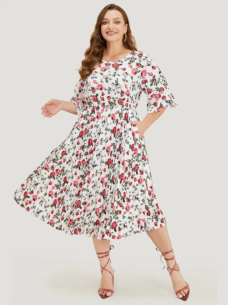 Floral Print Pleated Hem Pocket Bell Sleeve Midi Dress sold by Bloomchic
