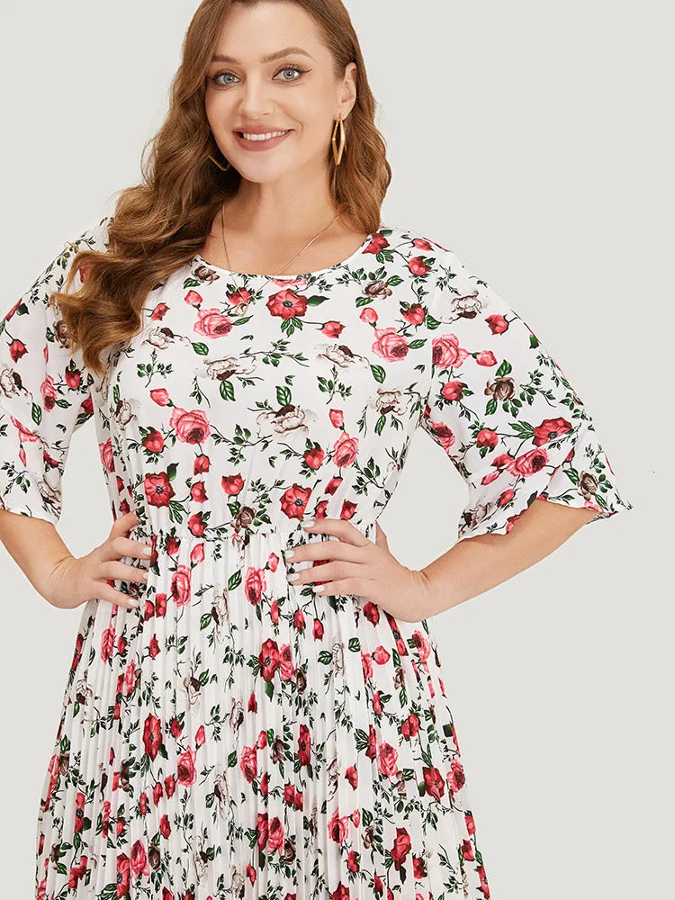 Floral Print Pleated Hem Pocket Bell Sleeve Midi Dress sold by Bloomchic product image thumbnail 4