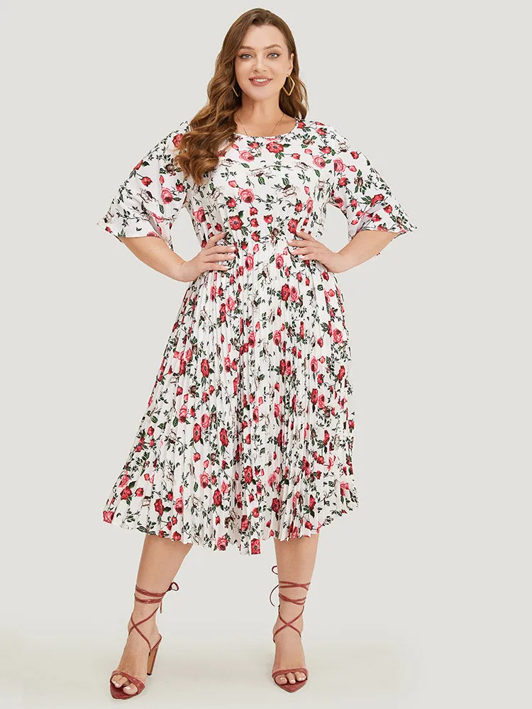 Floral Print Pleated Hem Pocket Bell Sleeve Midi Dress sold by Bloomchic product image thumbnail 2