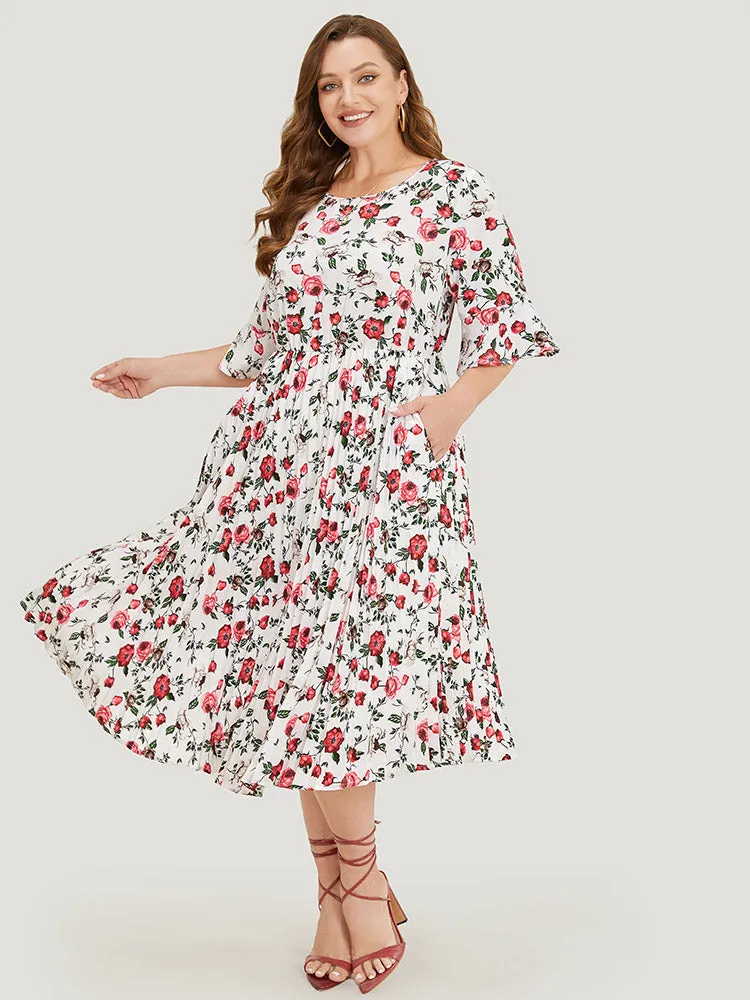 Floral Print Pleated Hem Pocket Bell Sleeve Midi Dress sold by Bloomchic product image thumbnail 5