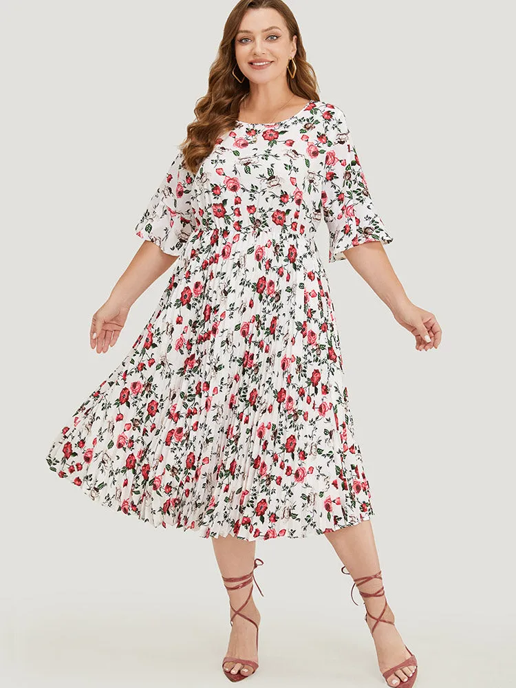 Floral Print Pleated Hem Pocket Bell Sleeve Midi Dress sold by Bloomchic product image thumbnail 3