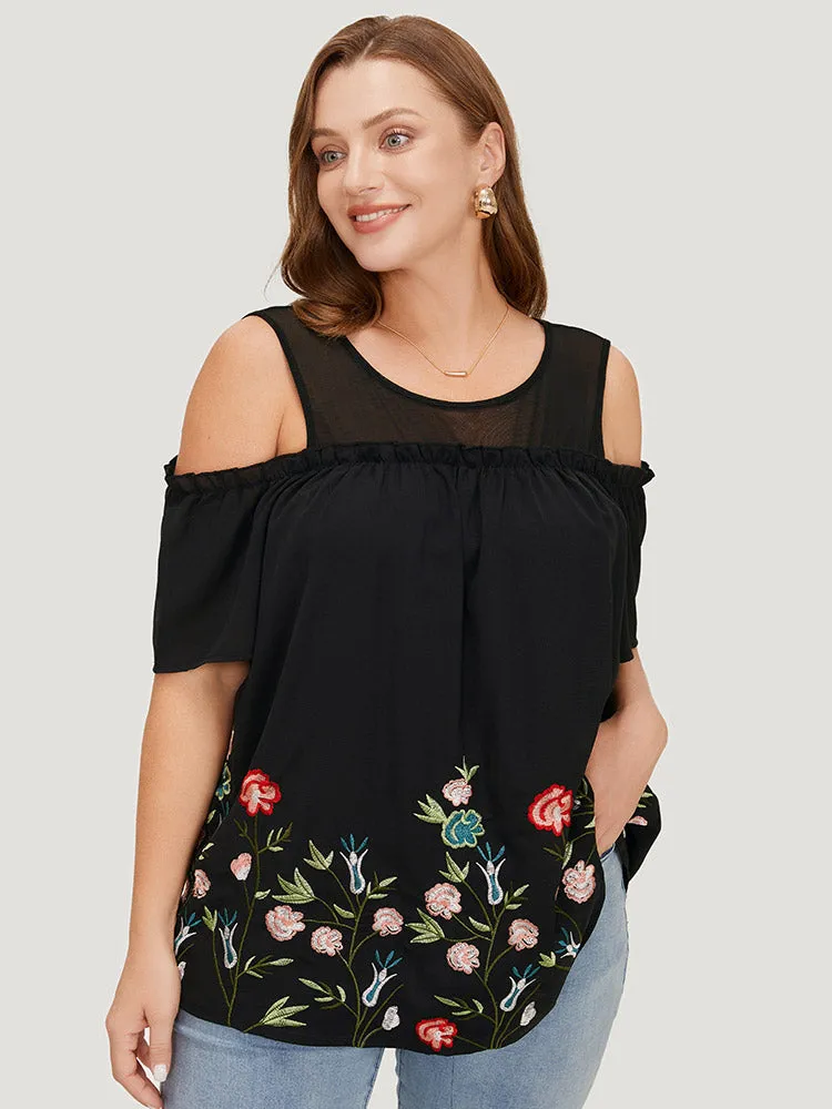 Floral Embroidered Frill Trim Cold Shoulder Blouse sold by Bloomchic