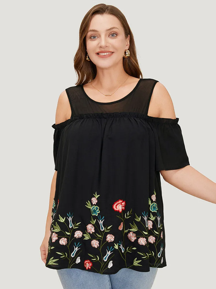 Floral Embroidered Frill Trim Cold Shoulder Blouse sold by Bloomchic product image thumbnail 2