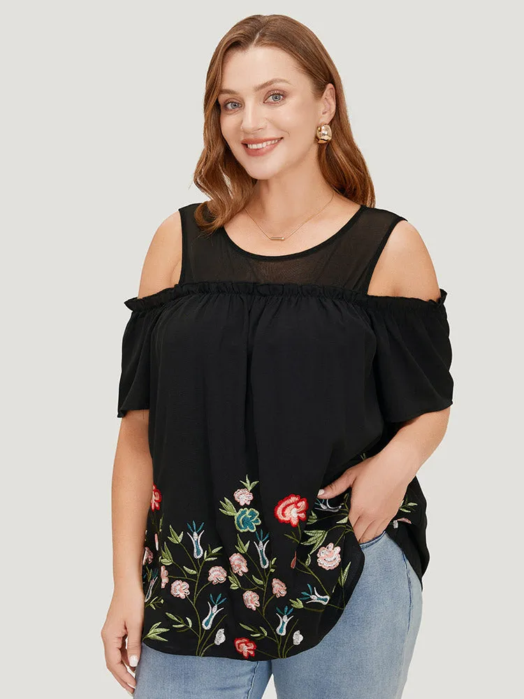 Floral Embroidered Frill Trim Cold Shoulder Blouse sold by Bloomchic product image thumbnail 3