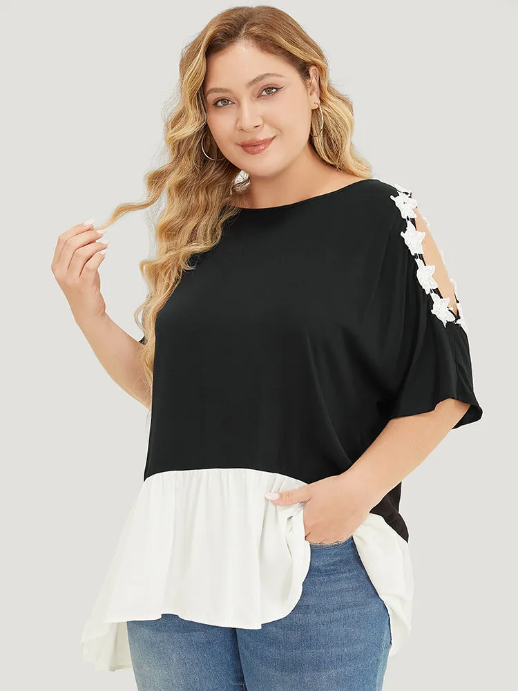 Floral Appliques Patchwork Asymmetrical Hem Cold Shoulder Blouse sold by Bloomchic product image thumbnail 3