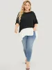Floral Appliques Patchwork Asymmetrical Hem Cold Shoulder Blouse sold by Bloomchic