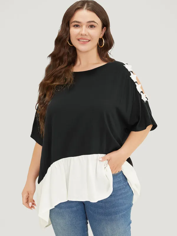 Floral Appliques Patchwork Asymmetrical Hem Cold Shoulder Blouse sold by Bloomchic