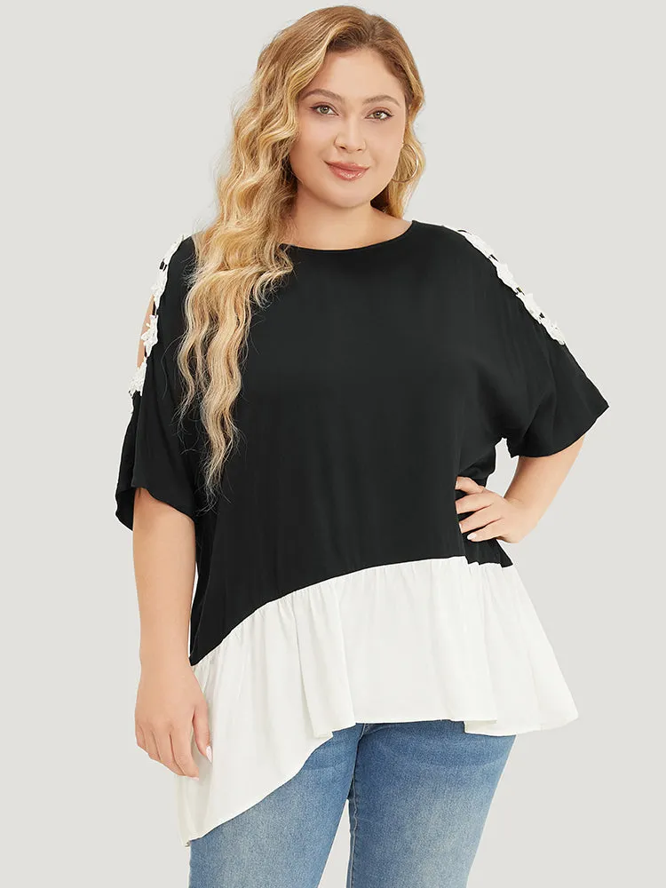 Floral Appliques Patchwork Asymmetrical Hem Cold Shoulder Blouse sold by Bloomchic product image thumbnail 5