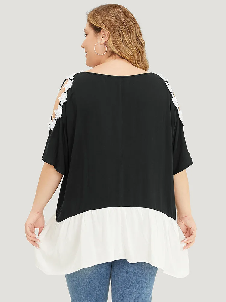 Floral Appliques Patchwork Asymmetrical Hem Cold Shoulder Blouse sold by Bloomchic product image thumbnail 2