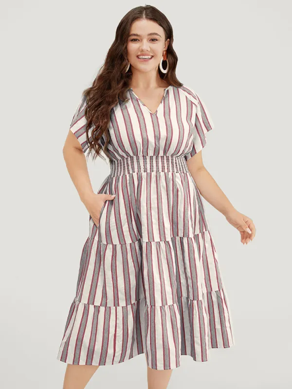 Striped Contrast Pocket Shirred Flutter Tiered Dress sold by Bloomchic