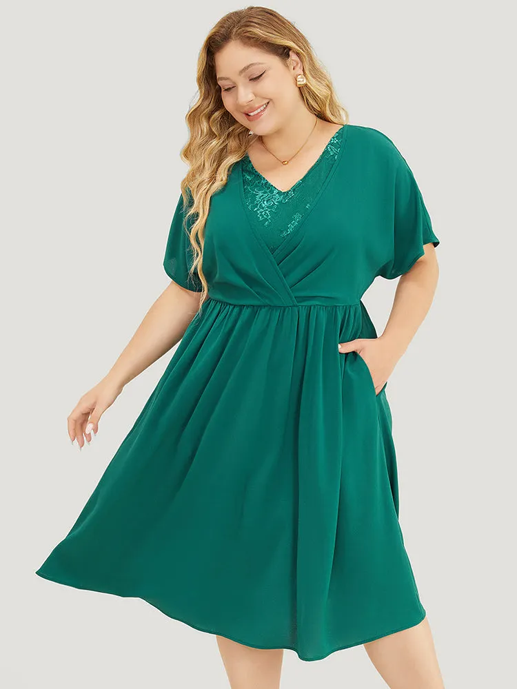 Plain Lace Patchwork Pleated Pocket Ruffle Hem Dress sold by Bloomchic product image thumbnail 3