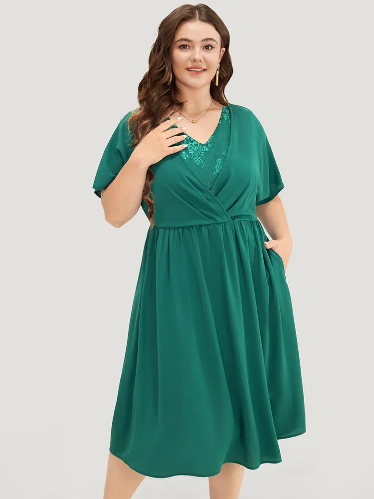 Plain Lace Patchwork Pleated Pocket Ruffle Hem Dress sold by Bloomchic