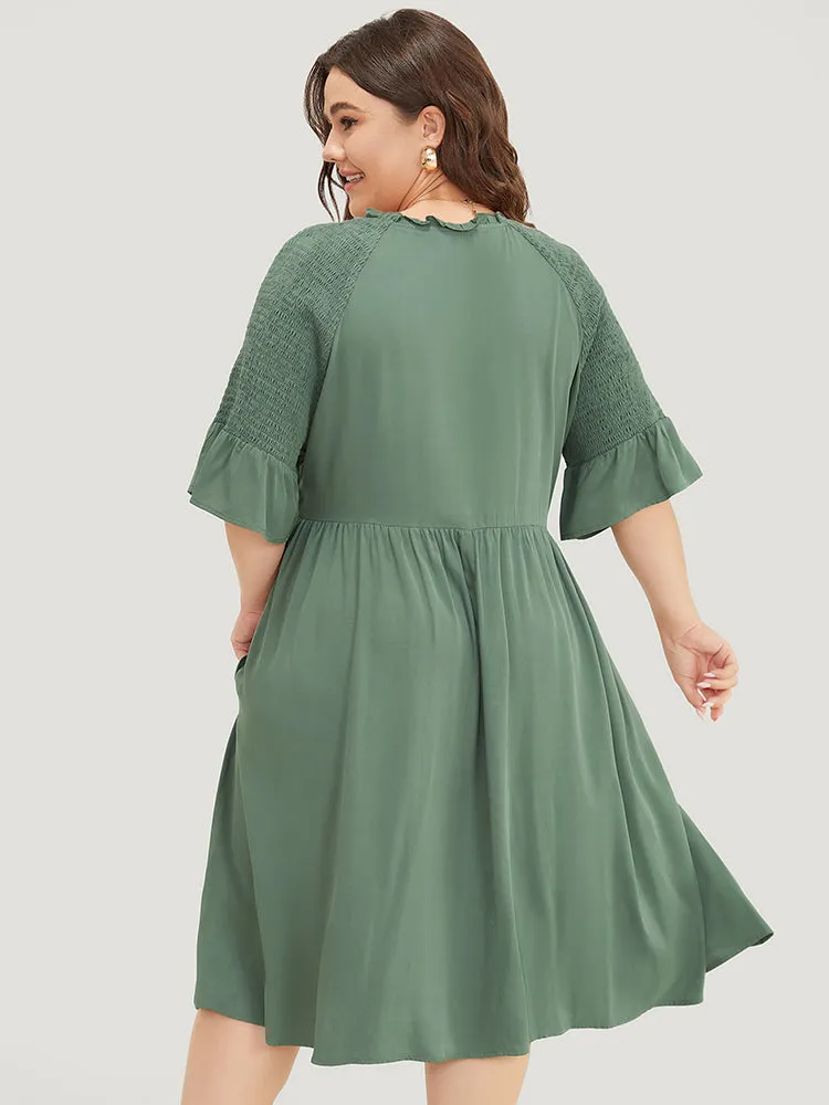 Plain Frill Trim Button Detail Pocket Ruffles Shirred Sleeve Dress sold by Bloomchic product image thumbnail 4