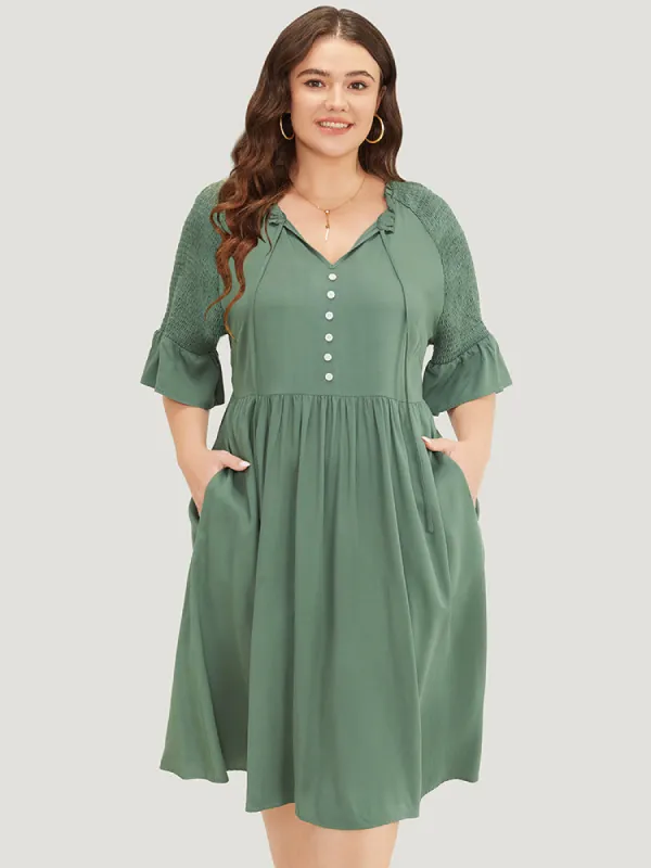 Plain Frill Trim Button Detail Pocket Ruffles Shirred Sleeve Dress sold by Bloomchic