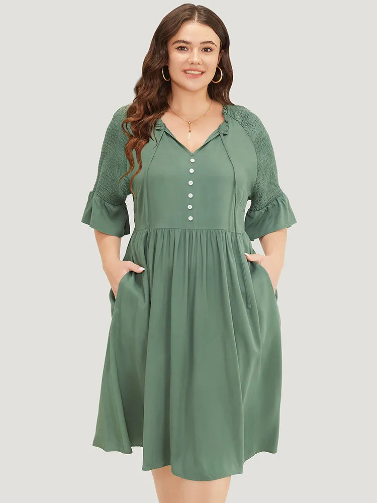 Plain Frill Trim Button Detail Pocket Ruffles Shirred Sleeve Dress sold by Bloomchic