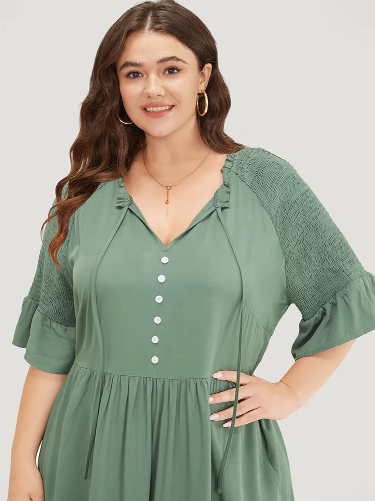 Plain Frill Trim Button Detail Pocket Ruffles Shirred Sleeve Dress sold by Bloomchic product image thumbnail 5