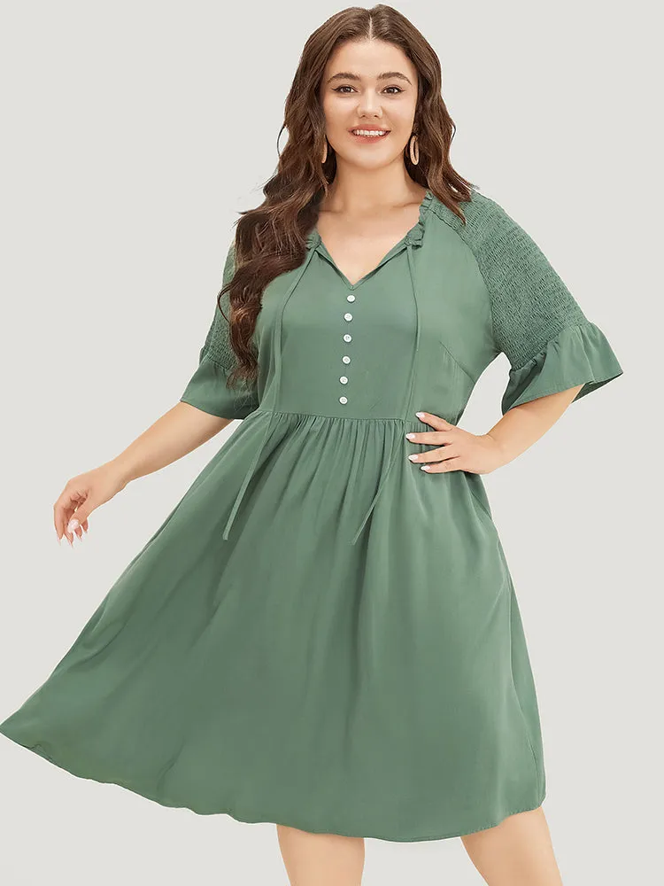 Plain Frill Trim Button Detail Pocket Ruffles Shirred Sleeve Dress sold by Bloomchic product image thumbnail 2