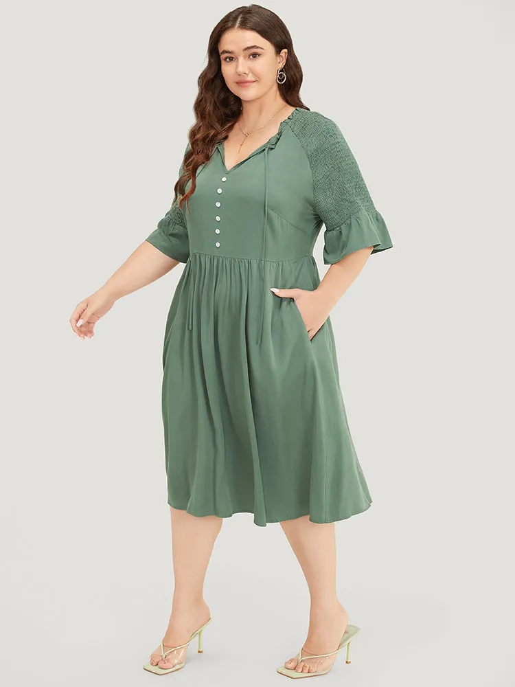 Plain Frill Trim Button Detail Pocket Ruffles Shirred Sleeve Dress sold by Bloomchic product image thumbnail 3