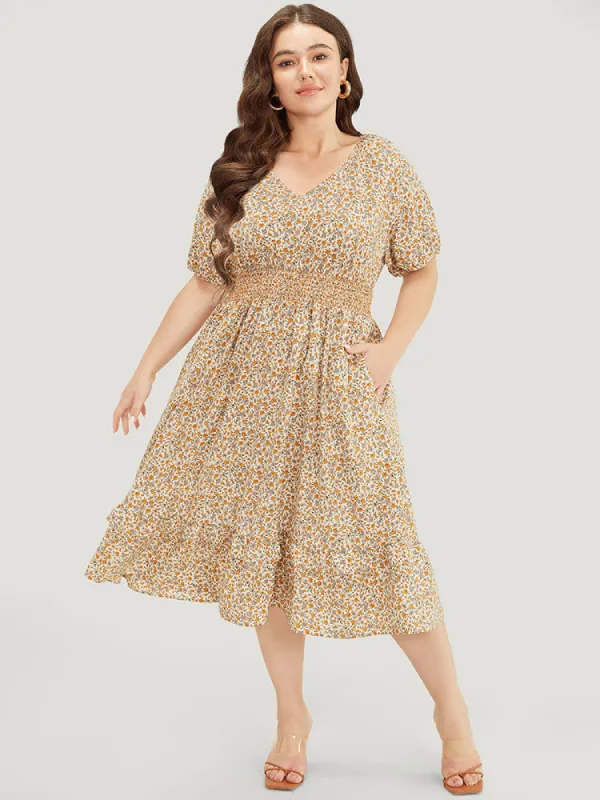 Ditsy Floral Pocket Puff Sleeve Shirred Ruffle Trim Dress sold by Bloomchic