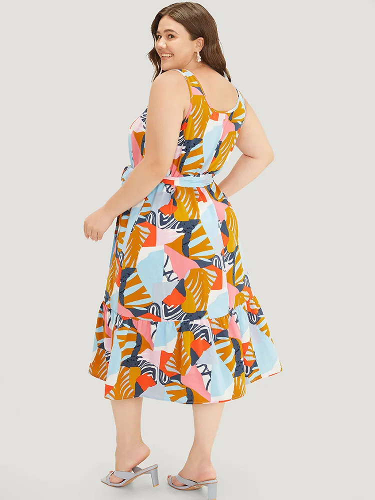 Graphic Print Ruffles Hem Pocket Belt Pleated Tank Dress sold by Bloomchic product image thumbnail 4
