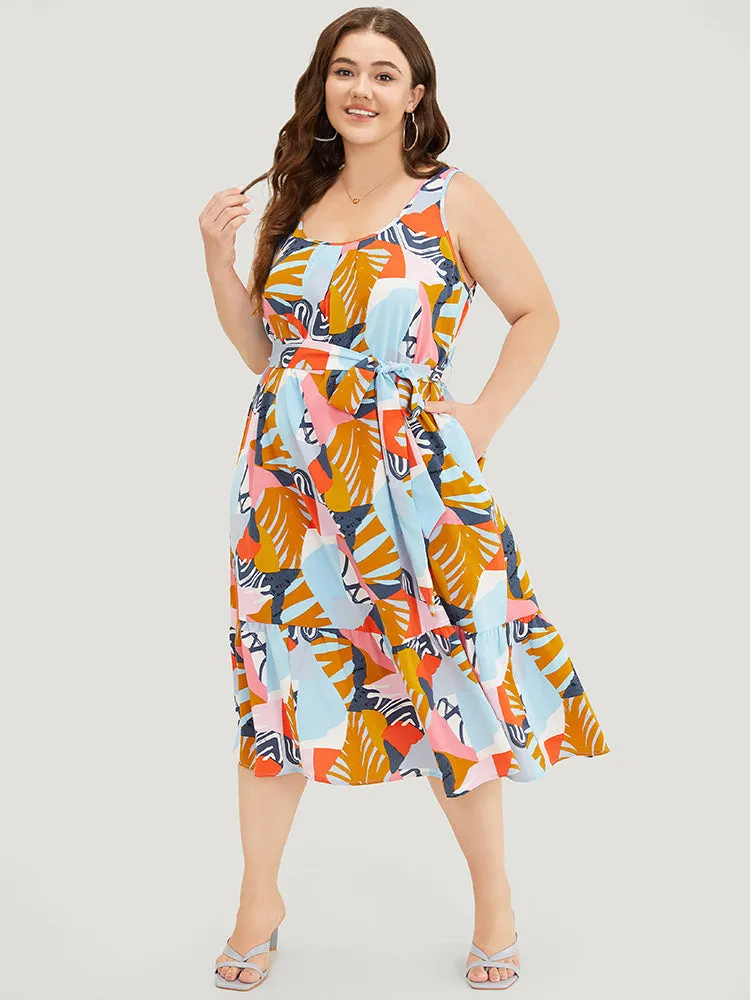 Graphic Print Ruffles Hem Pocket Belt Pleated Tank Dress sold by Bloomchic