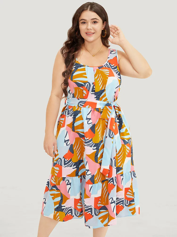 Graphic Print Ruffles Hem Pocket Belt Pleated Tank Dress sold by Bloomchic product image thumbnail 5