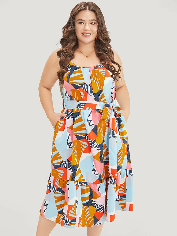 Graphic Print Ruffles Hem Pocket Belt Pleated Tank Dress sold by Bloomchic product image thumbnail 2