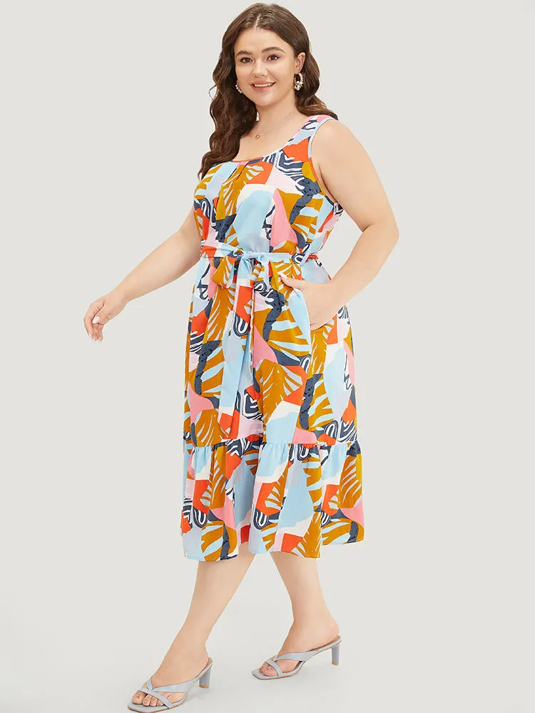 Graphic Print Ruffles Hem Pocket Belt Pleated Tank Dress sold by Bloomchic product image thumbnail 3