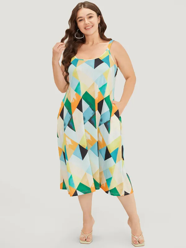 Geometric Print Ruffles Pocket Spaghetti Strap Dress sold by Bloomchic