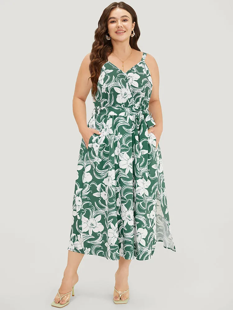 Floral Split Flutter Hem Wrap Pocket Belted Cami Dress sold by Bloomchic product image thumbnail 3