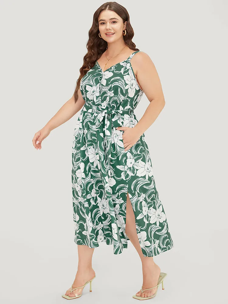 Floral Split Flutter Hem Wrap Pocket Belted Cami Dress sold by Bloomchic product image thumbnail 4