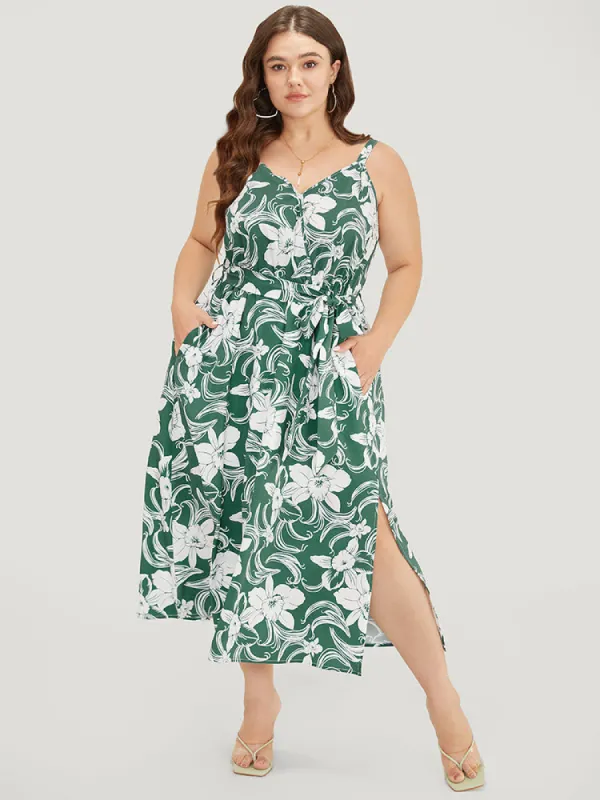 Floral Split Flutter Hem Wrap Pocket Belted Cami  Dress sold by Bloomchic