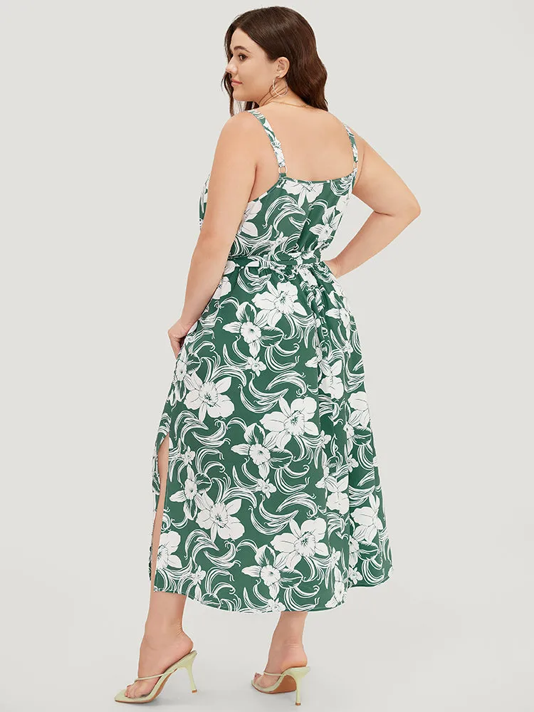 Floral Split Flutter Hem Wrap Pocket Belted Cami Dress sold by Bloomchic product image thumbnail 5