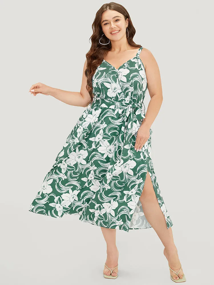 Floral Split Flutter Hem Wrap Pocket Belted Cami Dress sold by Bloomchic product image thumbnail 2