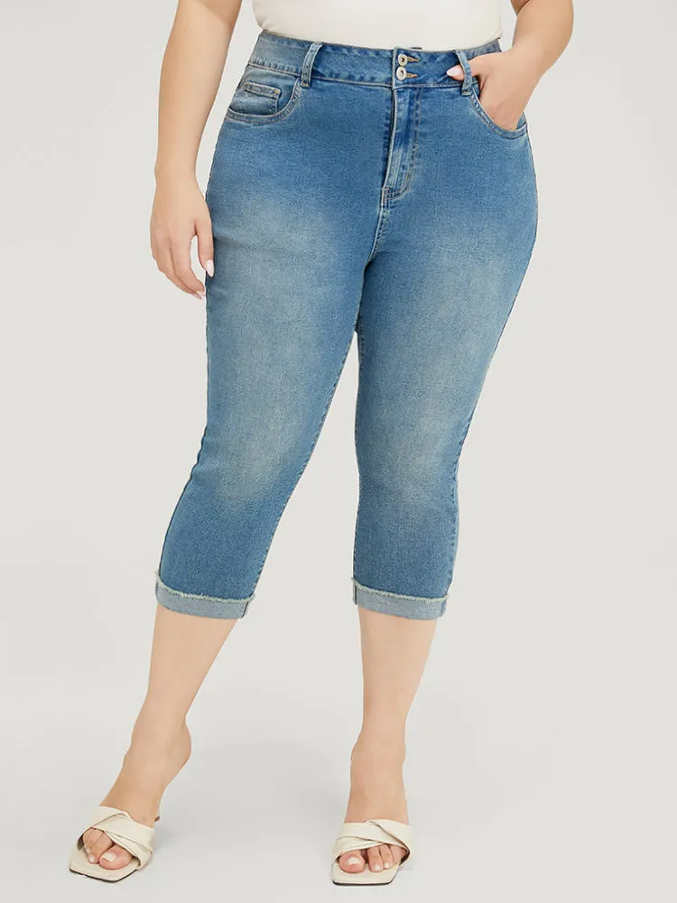 Very Stretchy High Rise Medium Wash Roll Hem Cropped Jeans sold by Bloomchic