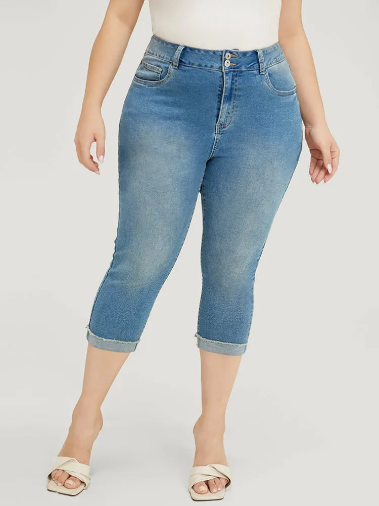 Very Stretchy High Rise Medium Wash Roll Hem Cropped Jeans sold by Bloomchic product image thumbnail 3