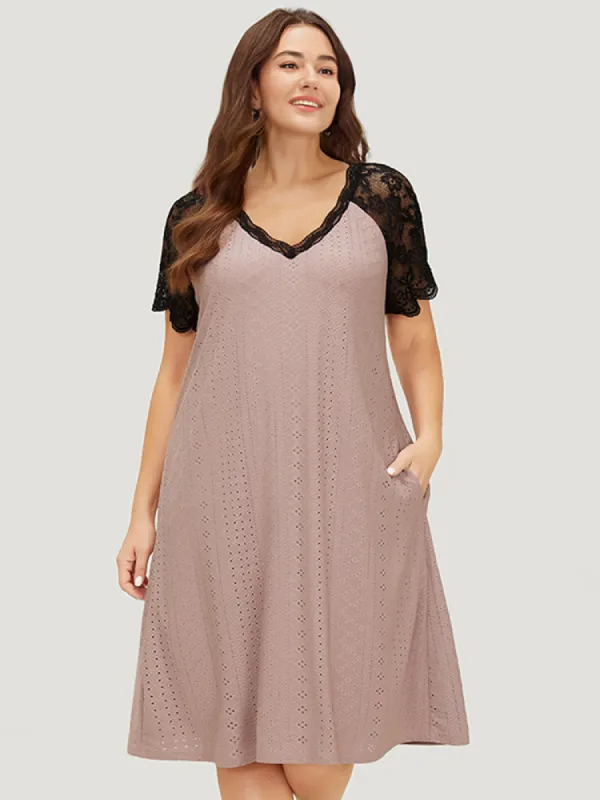 Plain Patchwork Lace Sleeve Pocket Broderie Anglaise Dress sold by Bloomchic
