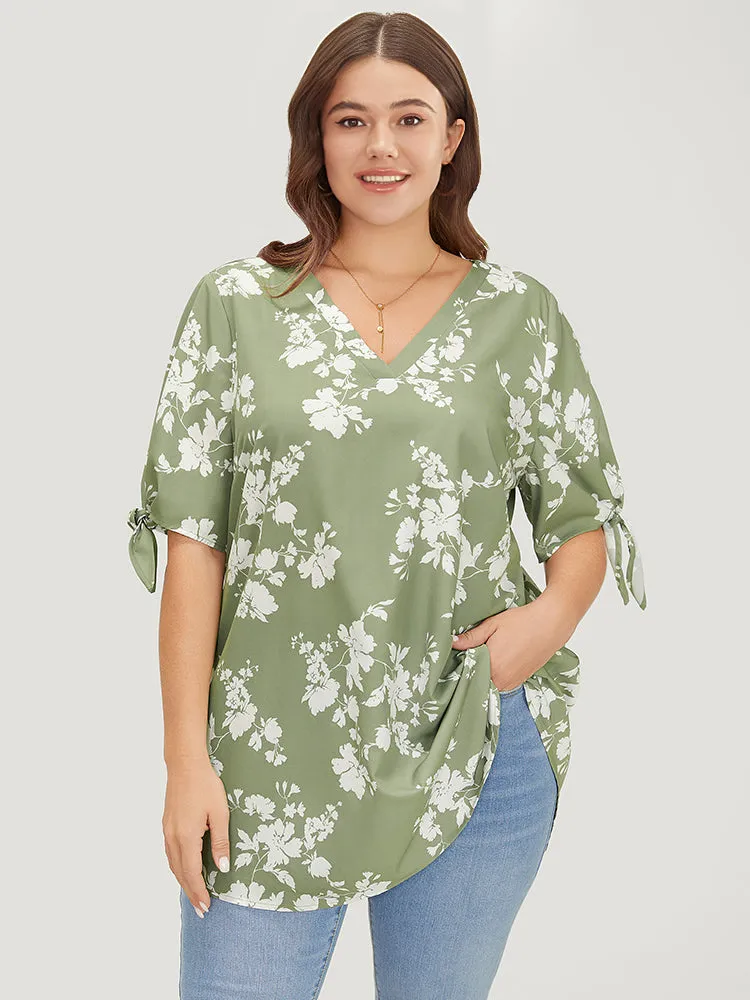 Floral Knot Sleeve V Neck Blouse sold by Bloomchic