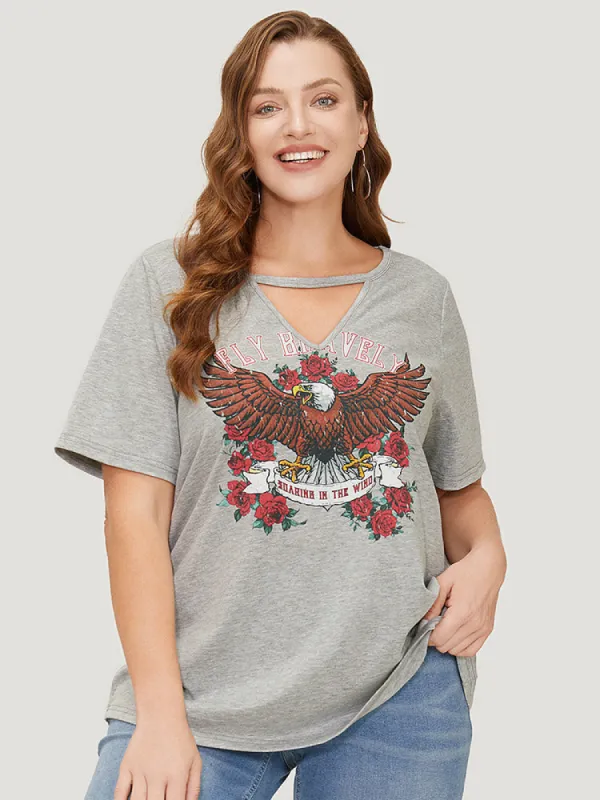 Eagle & Floral Print Keyhole Neck T-shirt sold by Bloomchic