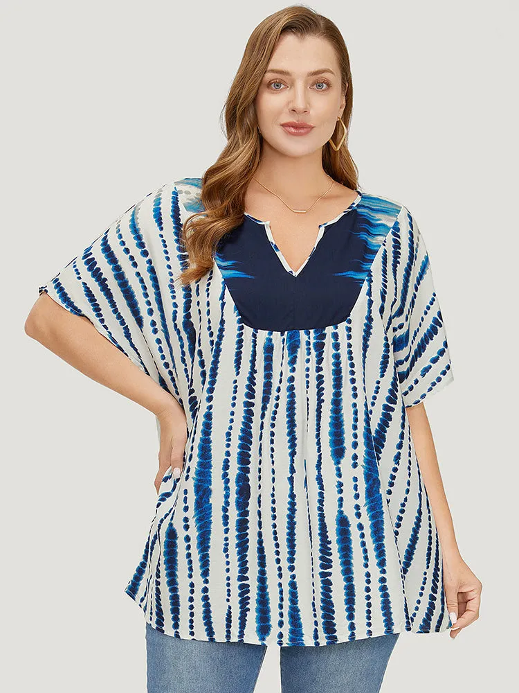 Tie Dye Patchwork Batwing Sleeve Notched Neck Blouse sold by Bloomchic