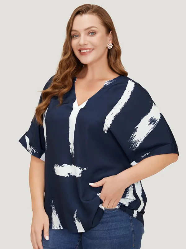 Brush Print Rolll Batwing Sleeve Blouse sold by Bloomchic