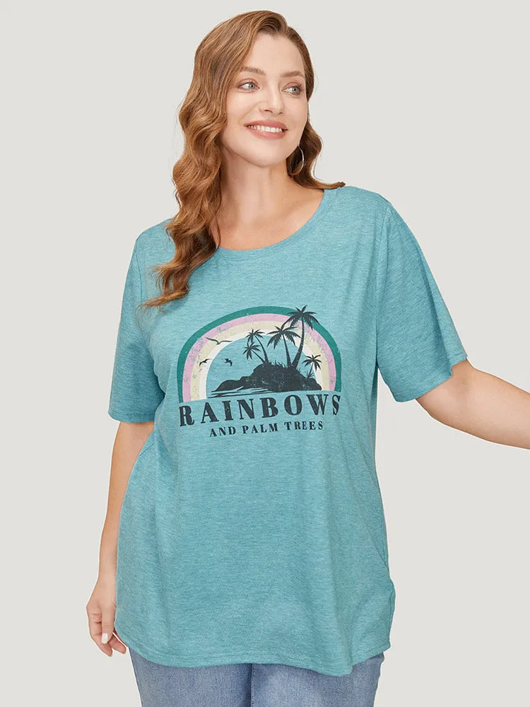 Rainbow & Letter Print Short Sleeve T-shirt sold by Bloomchic