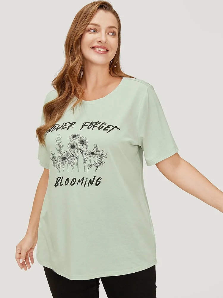 Sunflower & Letter Print Slightly Stretchy Short Sleeve T-shirt sold by Bloomchic product image thumbnail 5