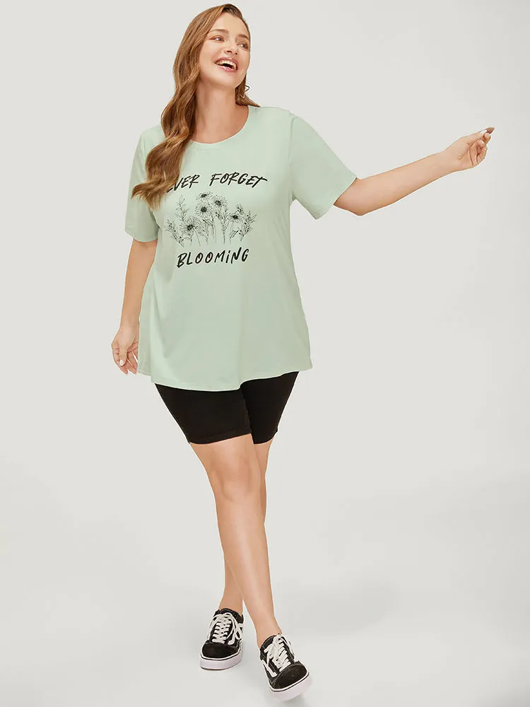 Sunflower & Letter Print Slightly Stretchy Short Sleeve T-shirt sold by Bloomchic product image thumbnail 4