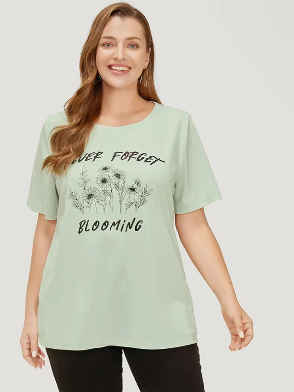 Sunflower & Letter Print Slightly Stretchy Short Sleeve T-shirt sold by Bloomchic