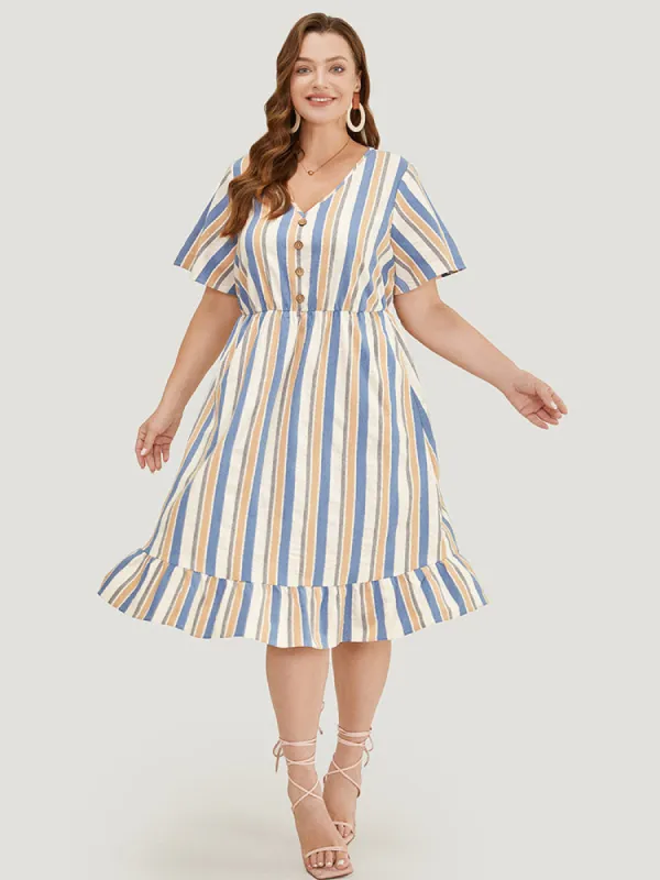 Striped Print Button Detail Pocket Flutter Hem Dress sold by Bloomchic