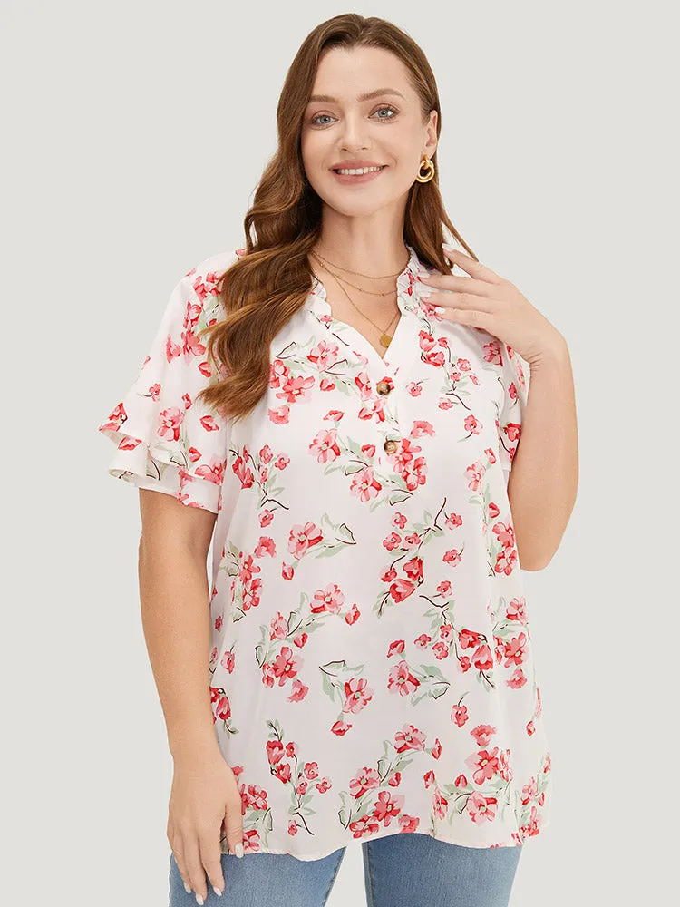 Floral Printed Button Up Flutter Layered Sleeve Blouse sold by Bloomchic product image thumbnail 3
