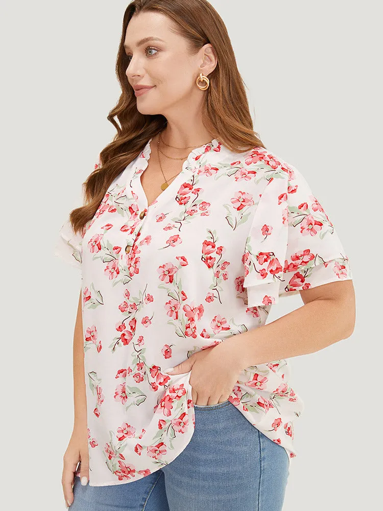 Floral Printed Button Up Flutter Layered Sleeve Blouse sold by Bloomchic product image thumbnail 4